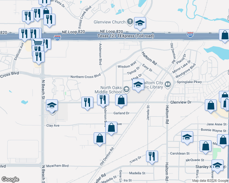 map of restaurants, bars, coffee shops, grocery stores, and more near 4901 Anderson Boulevard in Fort Worth