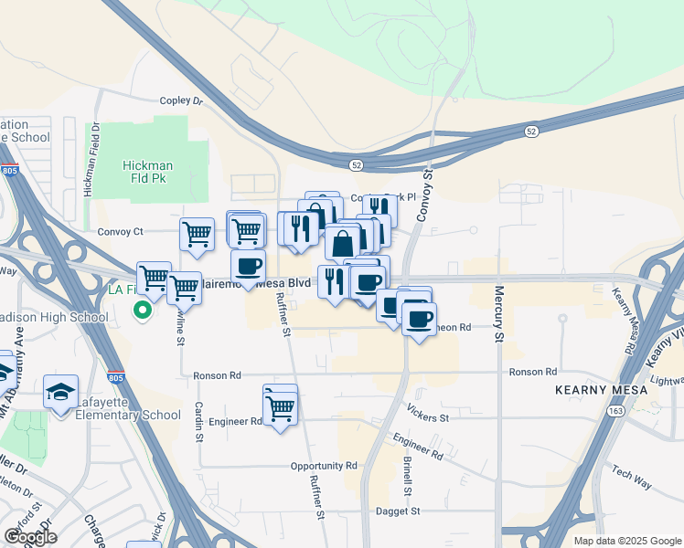 map of restaurants, bars, coffee shops, grocery stores, and more near 7580 Clairemont Mesa Boulevard in San Diego
