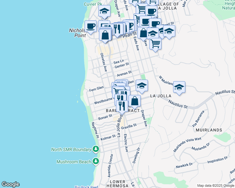map of restaurants, bars, coffee shops, grocery stores, and more near 464 Westbourne Street in San Diego