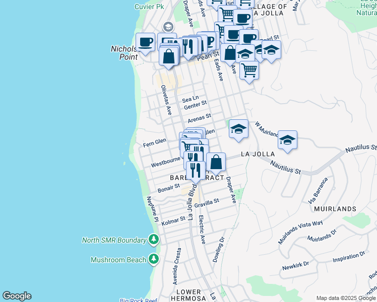 map of restaurants, bars, coffee shops, grocery stores, and more near 464 Westbourne Street in San Diego