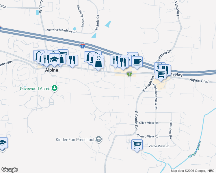 map of restaurants, bars, coffee shops, grocery stores, and more near 2512 Pimlico Place in Alpine