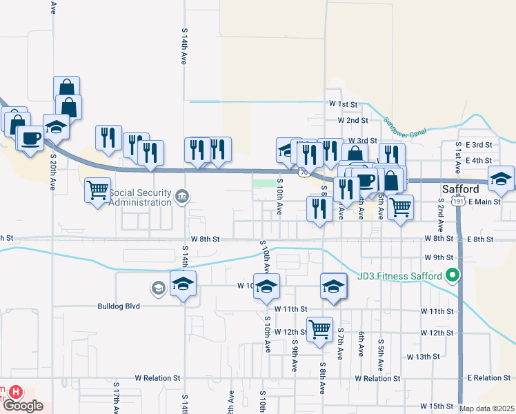 map of restaurants, bars, coffee shops, grocery stores, and more near 561-599 S 11th Ave in Safford