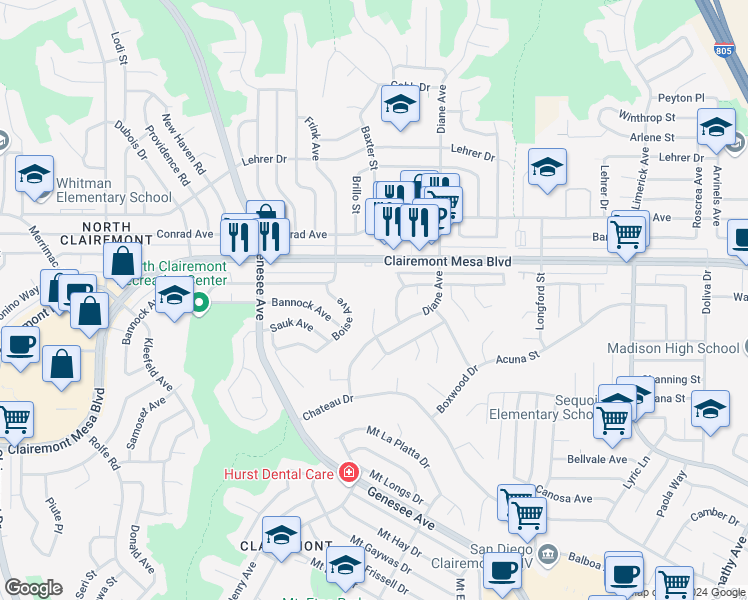 map of restaurants, bars, coffee shops, grocery stores, and more near 4635 Clairemont Mesa Boulevard in San Diego