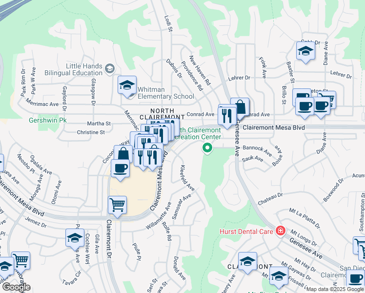 map of restaurants, bars, coffee shops, grocery stores, and more near 4341 Clairemont Mesa Boulevard in San Diego