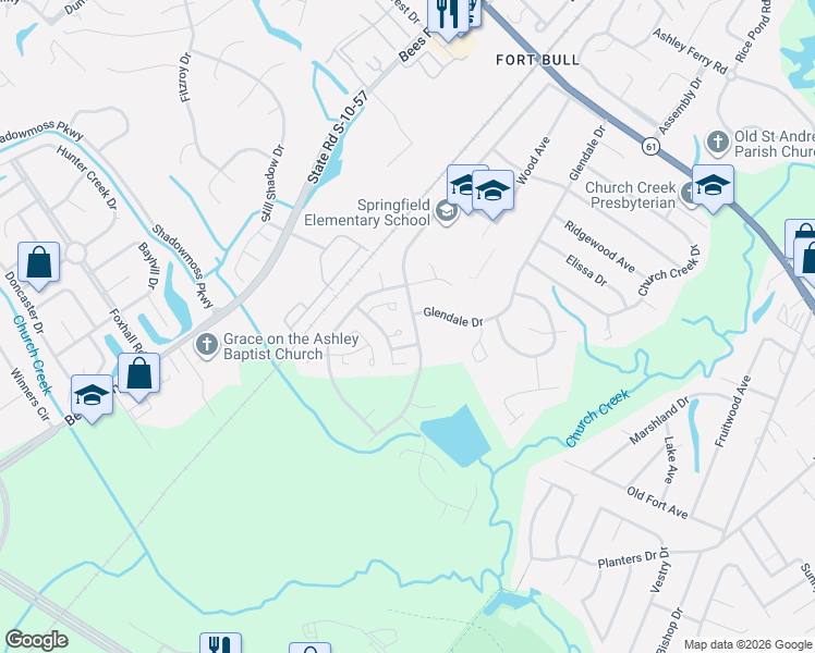 map of restaurants, bars, coffee shops, grocery stores, and more near 2043 Glendale Drive in Charleston