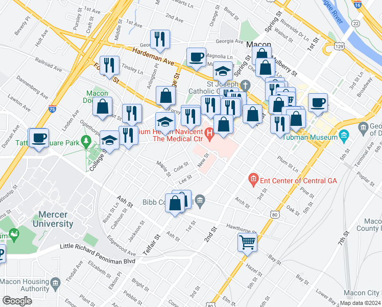 map of restaurants, bars, coffee shops, grocery stores, and more near 925 Orange Terrace in Macon