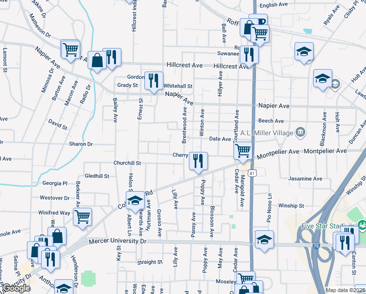 map of restaurants, bars, coffee shops, grocery stores, and more near 1304 Brentwood Avenue in Macon
