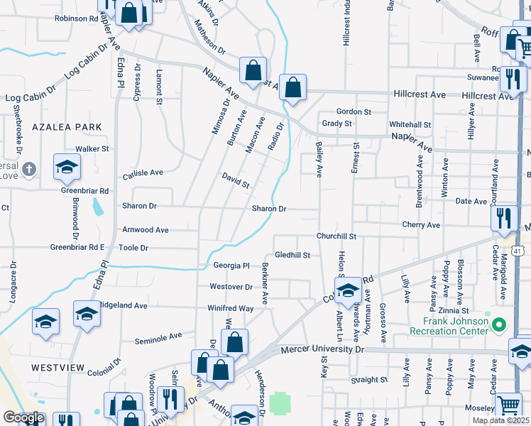map of restaurants, bars, coffee shops, grocery stores, and more near 3103 Sharon Drive in Macon