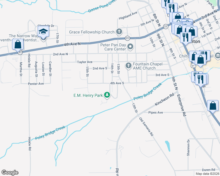 map of restaurants, bars, coffee shops, grocery stores, and more near 102 Coosa Street in Clanton