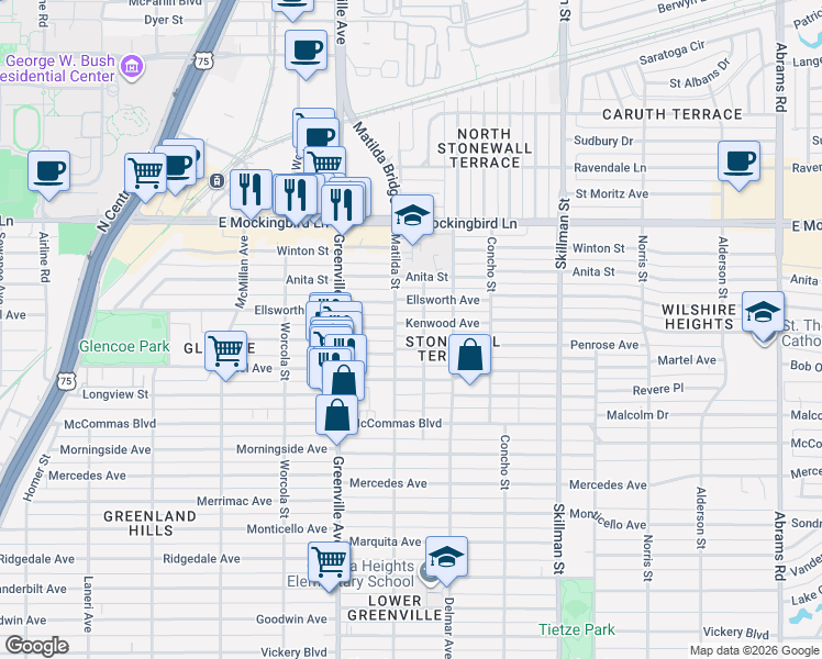 map of restaurants, bars, coffee shops, grocery stores, and more near 5803 Kenwood Avenue in Dallas