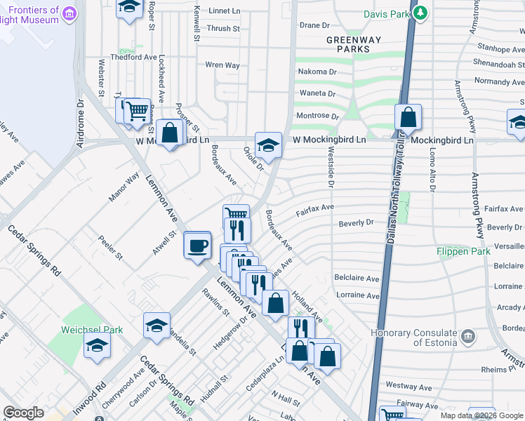 map of restaurants, bars, coffee shops, grocery stores, and more near in Dallas