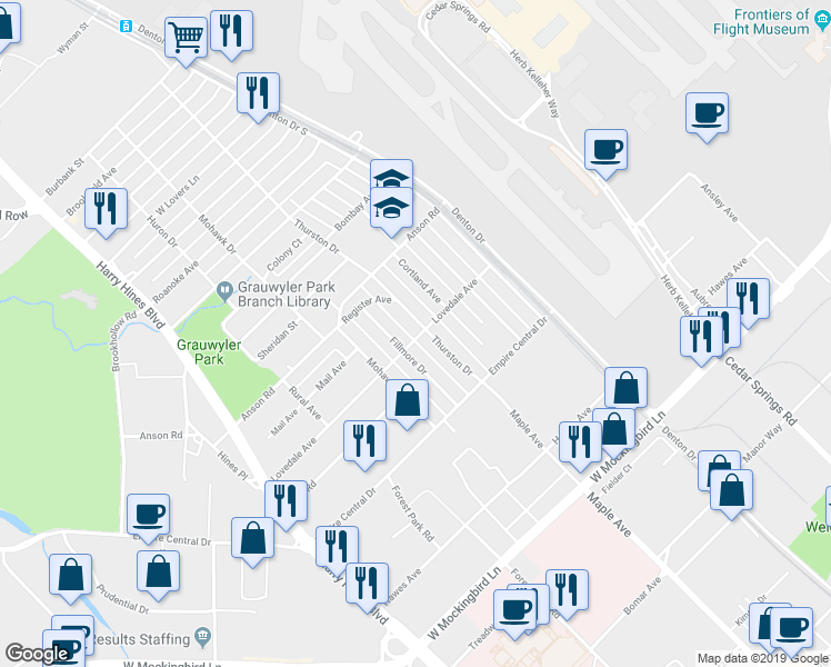map of restaurants, bars, coffee shops, grocery stores, and more near 7302 Thurston Drive in Dallas