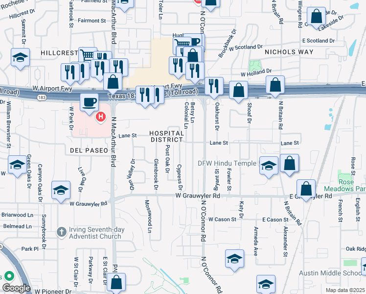 map of restaurants, bars, coffee shops, grocery stores, and more near 1801 Betsy Lane in Irving