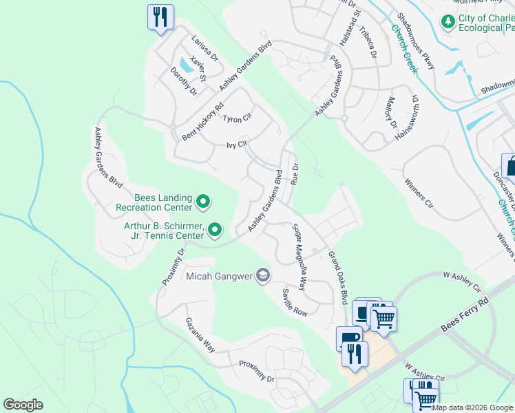 map of restaurants, bars, coffee shops, grocery stores, and more near 430 Blue Jasmine Lane in Charleston