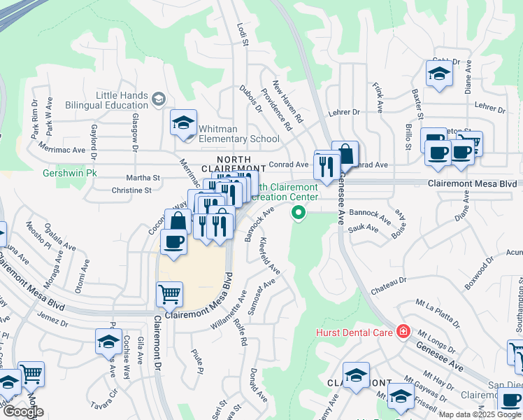 map of restaurants, bars, coffee shops, grocery stores, and more near 4328 Bannock Avenue in San Diego