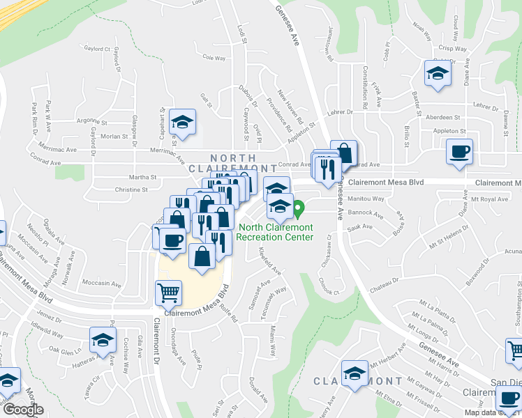 map of restaurants, bars, coffee shops, grocery stores, and more near 4328 Bannock Avenue in San Diego