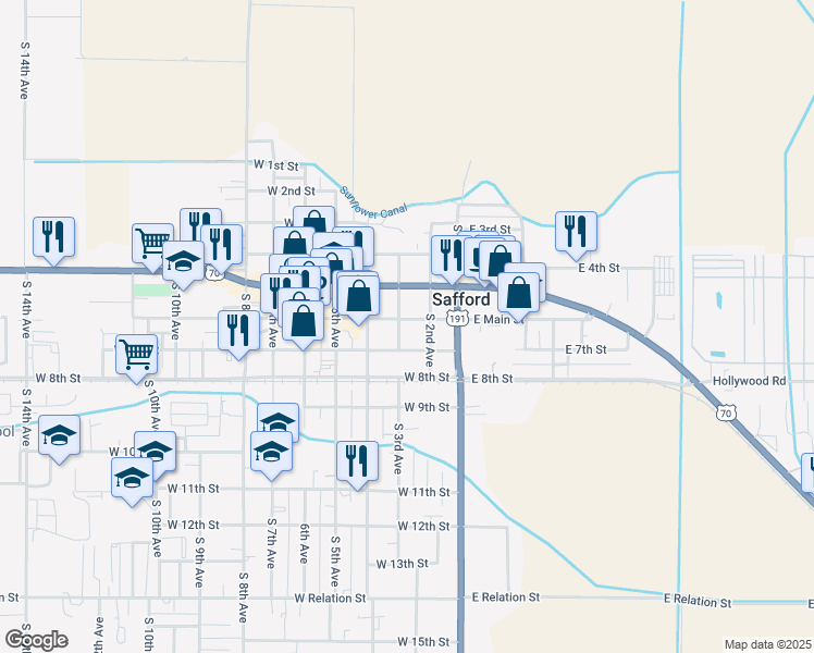 map of restaurants, bars, coffee shops, grocery stores, and more near 215 West 6th Street in Safford