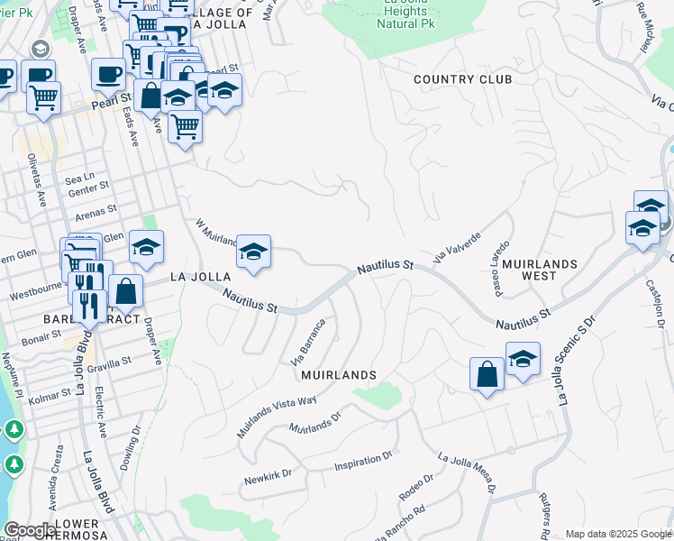 map of restaurants, bars, coffee shops, grocery stores, and more near 1381 West Muirlands Drive in San Diego