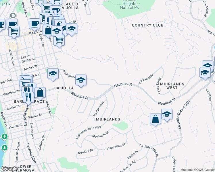 map of restaurants, bars, coffee shops, grocery stores, and more near 1381 West Muirlands Drive in San Diego