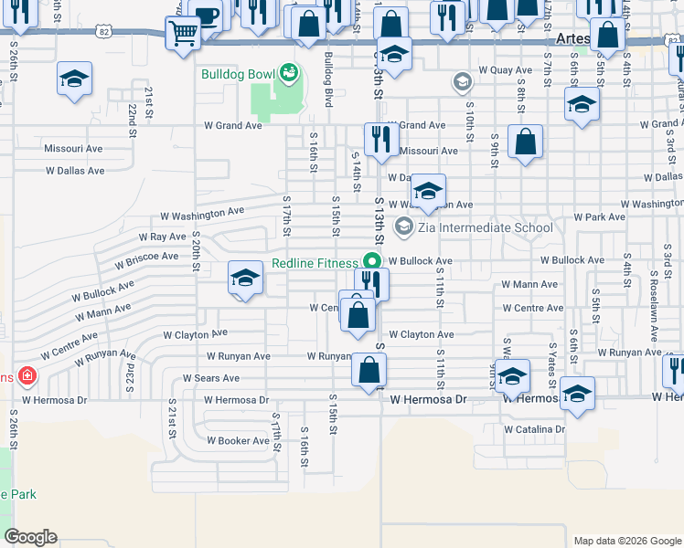 map of restaurants, bars, coffee shops, grocery stores, and more near 1001 South 15th Street in Artesia