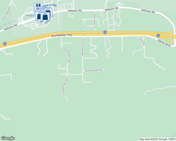 map of restaurants, bars, coffee shops, grocery stores, and more near Running Quail Road in Alpine