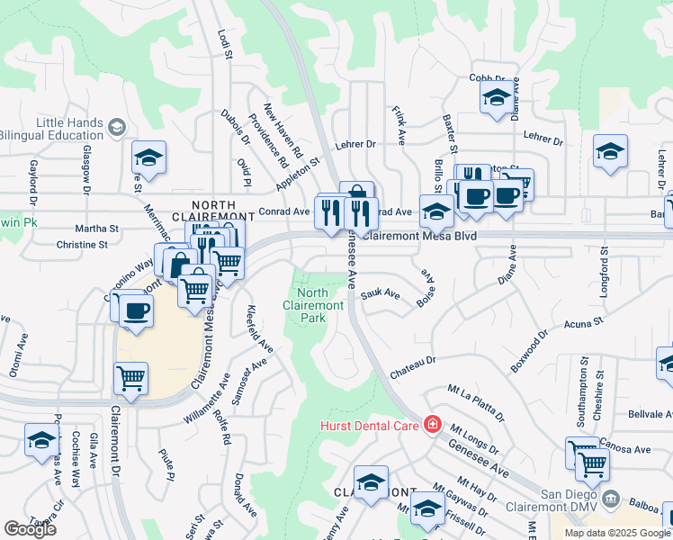 map of restaurants, bars, coffee shops, grocery stores, and more near 4862 Genesee Avenue in San Diego
