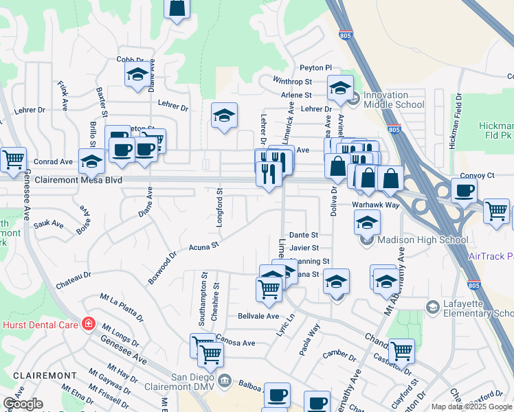 map of restaurants, bars, coffee shops, grocery stores, and more near 4823 Kesling Place in San Diego