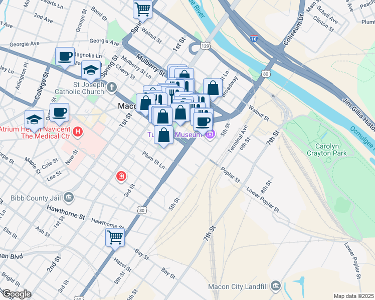 map of restaurants, bars, coffee shops, grocery stores, and more near 520 Martin Luther King Junior Boulevard in Macon