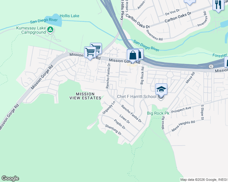 map of restaurants, bars, coffee shops, grocery stores, and more near 7908 Rancho Fanita Drive in Santee