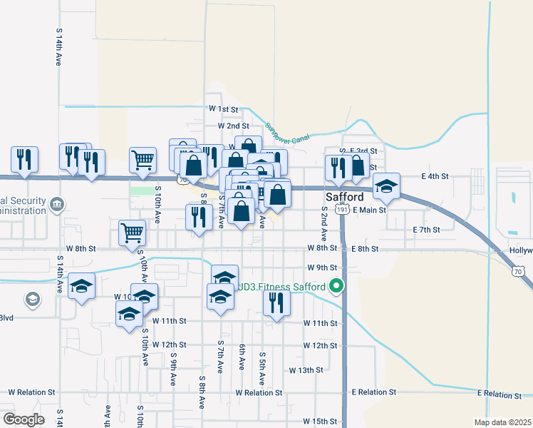 map of restaurants, bars, coffee shops, grocery stores, and more near 429 West 6th Street in Safford