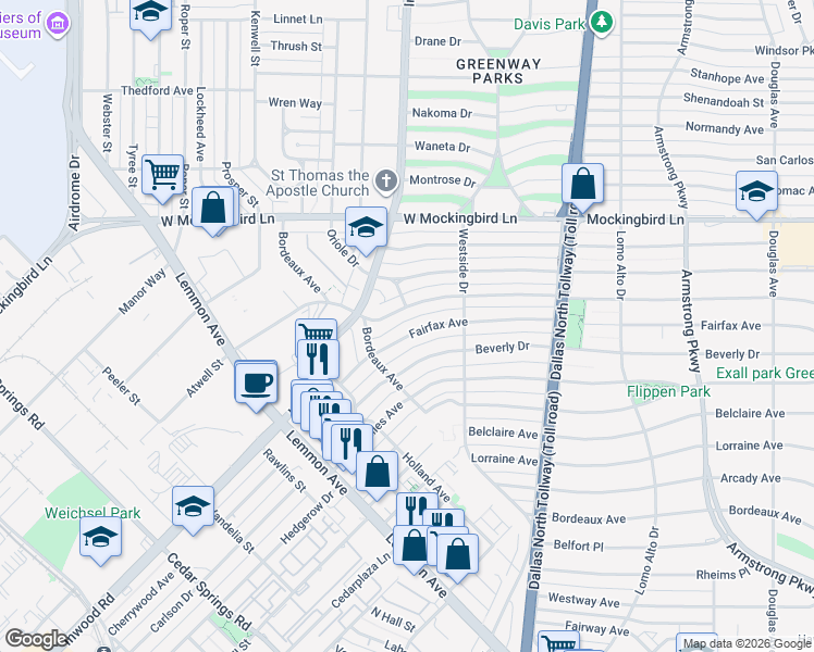 map of restaurants, bars, coffee shops, grocery stores, and more near 3843 Fairfax Avenue in Dallas