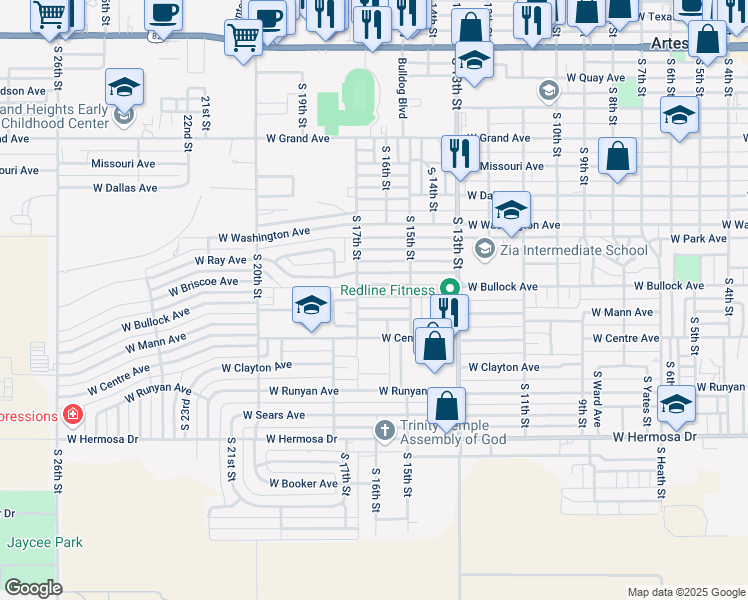 map of restaurants, bars, coffee shops, grocery stores, and more near 1606-1608 West Bullock Avenue in Artesia