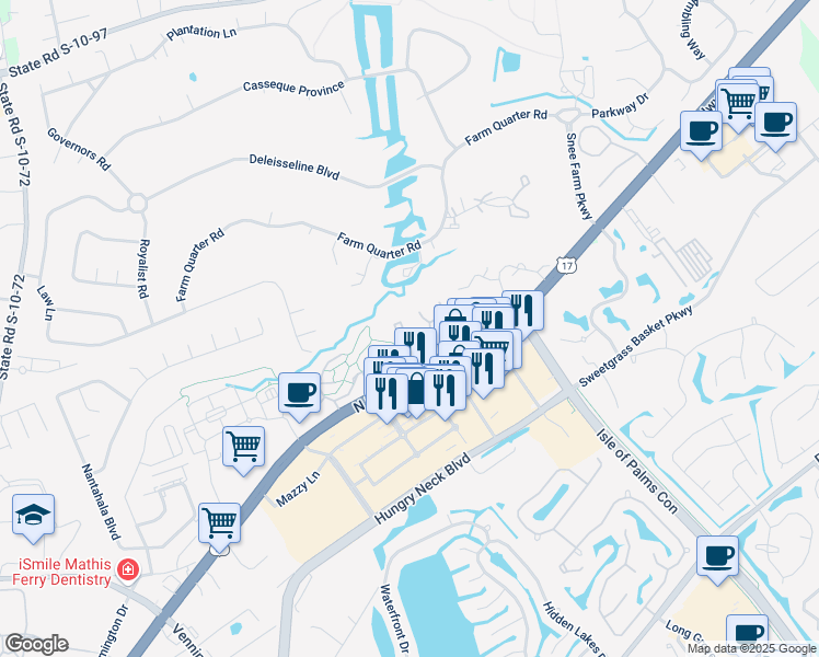 map of restaurants, bars, coffee shops, grocery stores, and more near 1874 Montclair Drive in Mount Pleasant