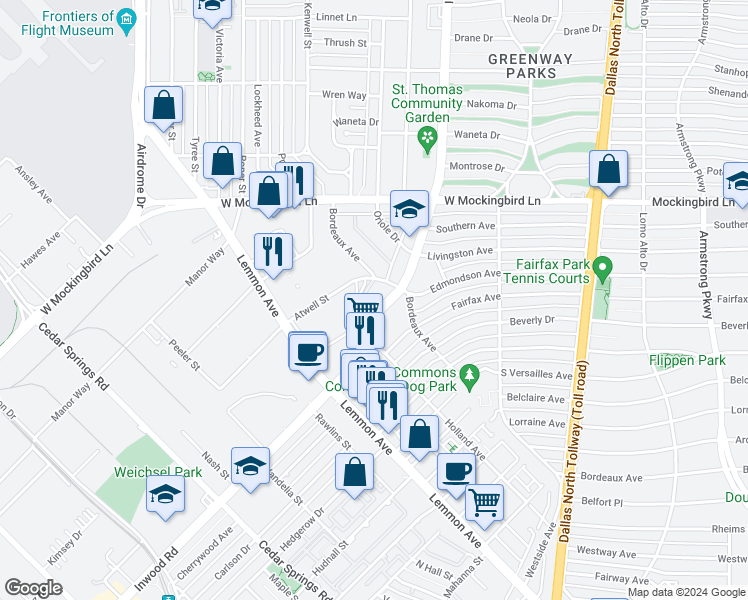 map of restaurants, bars, coffee shops, grocery stores, and more near 6205 Bordeaux Avenue in Dallas