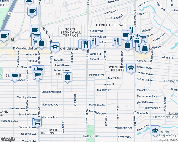 map of restaurants, bars, coffee shops, grocery stores, and more near 6108 Kenwood Avenue in Dallas
