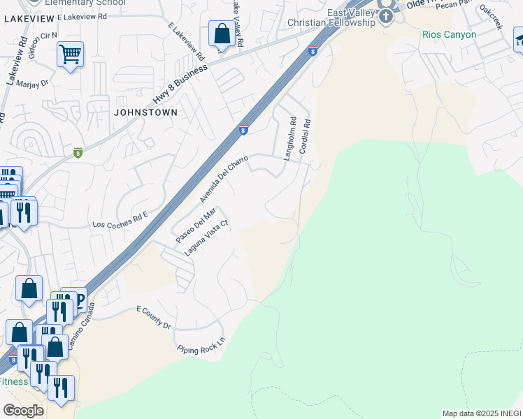 map of restaurants, bars, coffee shops, grocery stores, and more near 8419 Cordial Road in El Cajon