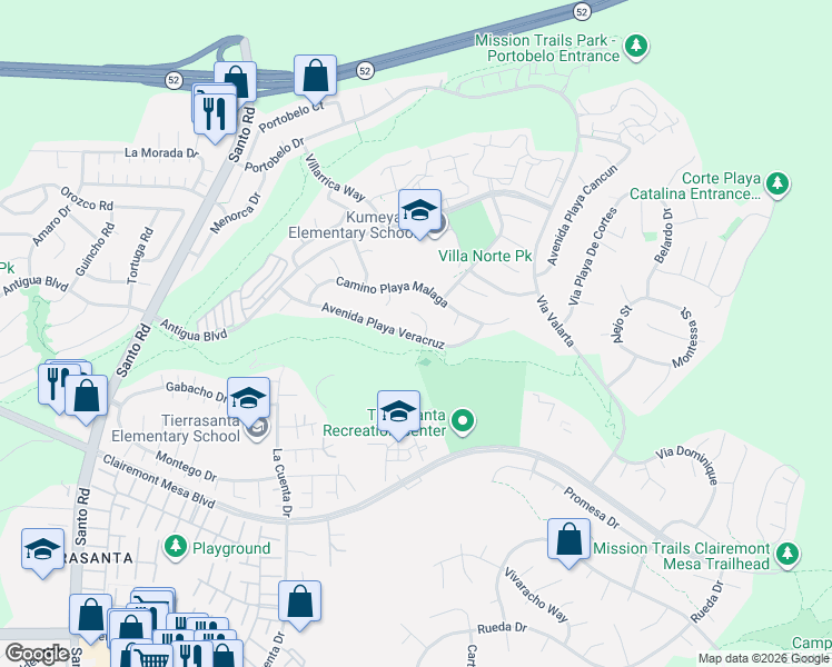 map of restaurants, bars, coffee shops, grocery stores, and more near 10956 Avenida Playa Veracruz in San Diego