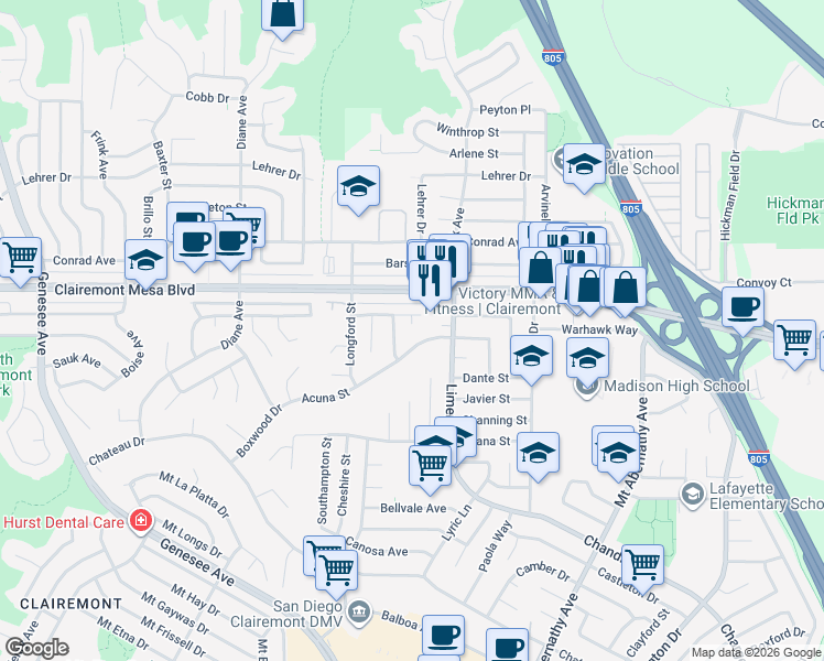 map of restaurants, bars, coffee shops, grocery stores, and more near 4823 Kesling Place in San Diego