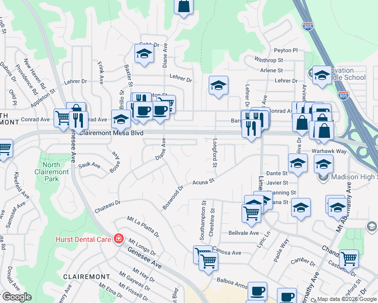 map of restaurants, bars, coffee shops, grocery stores, and more near 4887-4893 Mount Royal Avenue in San Diego