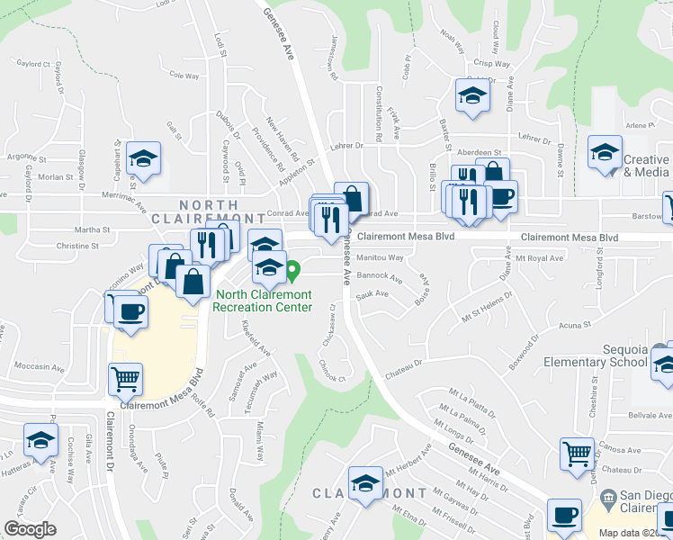 map of restaurants, bars, coffee shops, grocery stores, and more near 4862 Genesee Avenue in San Diego