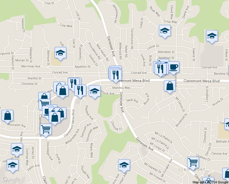 map of restaurants, bars, coffee shops, grocery stores, and more near 4862 Genesee Avenue in San Diego
