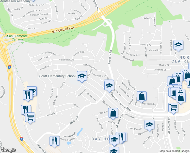 map of restaurants, bars, coffee shops, grocery stores, and more near 3011 Massasoit Avenue in San Diego