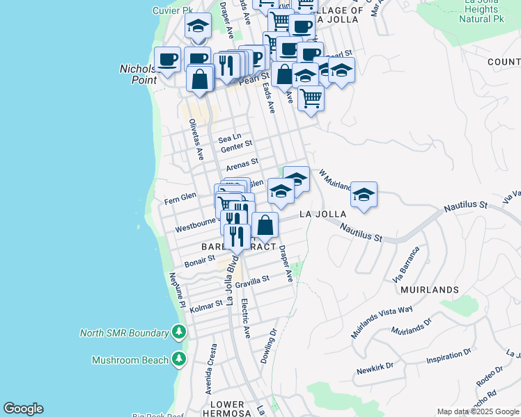 map of restaurants, bars, coffee shops, grocery stores, and more near 6999 Draper Avenue in San Diego