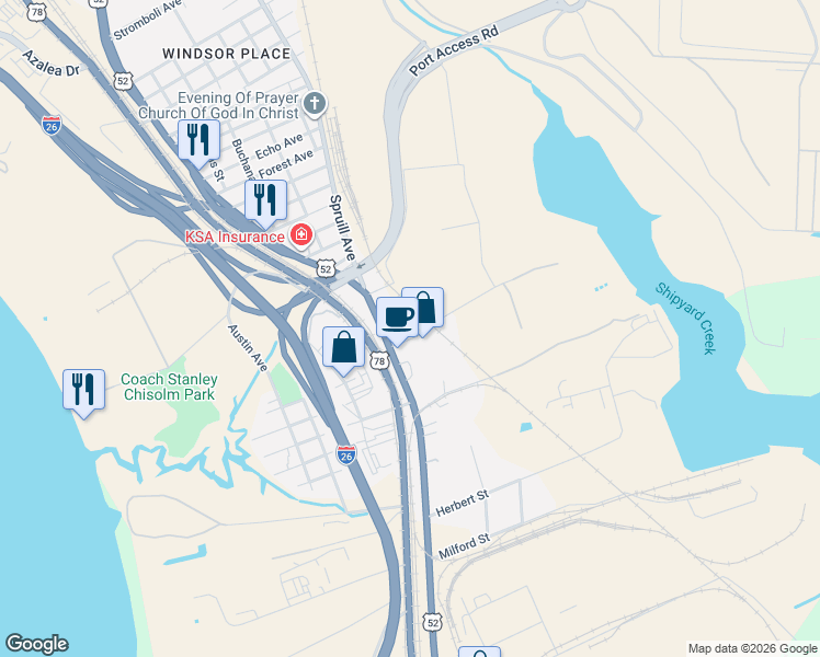 map of restaurants, bars, coffee shops, grocery stores, and more near 2026 Meeting Street Road in Charleston