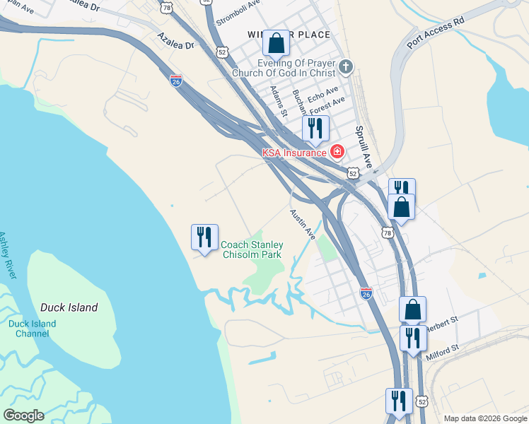 map of restaurants, bars, coffee shops, grocery stores, and more near 2045 Austin Avenue in Charleston