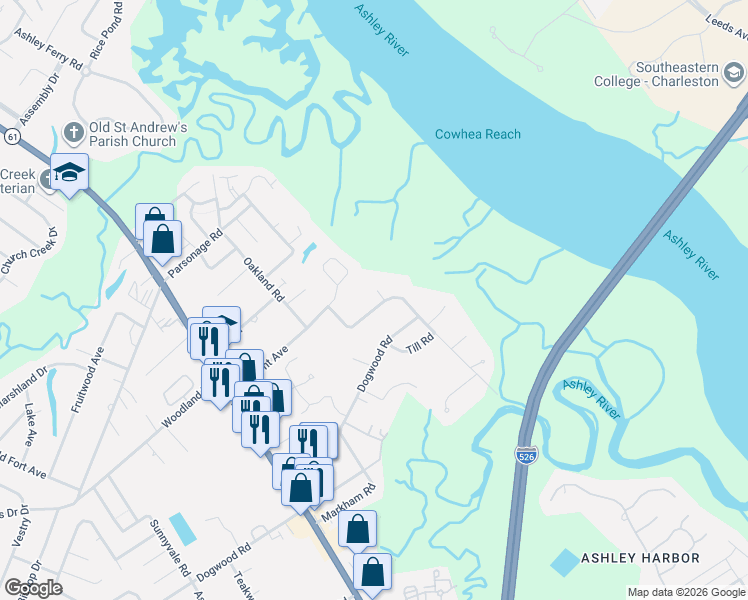 map of restaurants, bars, coffee shops, grocery stores, and more near 1628 Pierpont Avenue in Charleston
