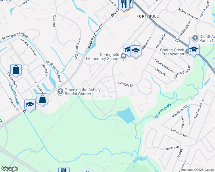 map of restaurants, bars, coffee shops, grocery stores, and more near 2071 Wild Flower Lane in Charleston