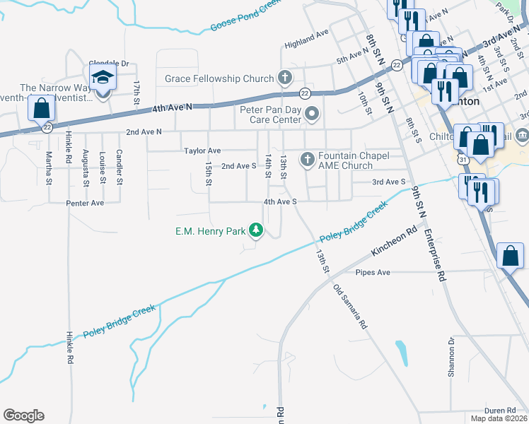 map of restaurants, bars, coffee shops, grocery stores, and more near 102 Coosa Street in Clanton