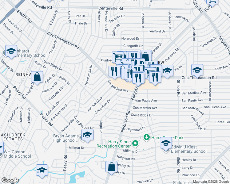 map of restaurants, bars, coffee shops, grocery stores, and more near 2251 San Medina Avenue in Dallas