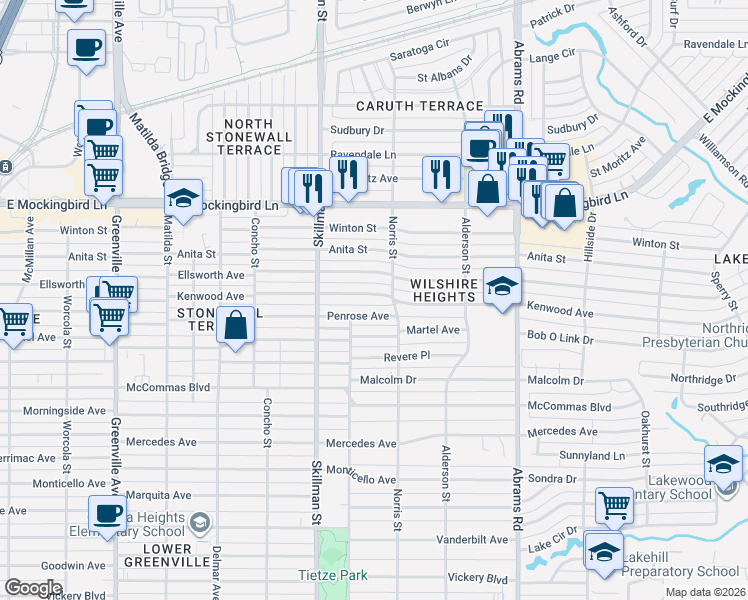 map of restaurants, bars, coffee shops, grocery stores, and more near 6159 Kenwood Avenue in Dallas